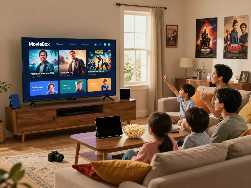 Family enjoying movie night using the MovieBox app to download movie box content.