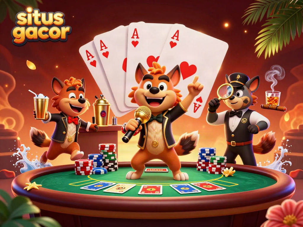 Engage in the laughter of a comedy casino club scene featuring hyenas and rich casino elements, search for situs gacor today!