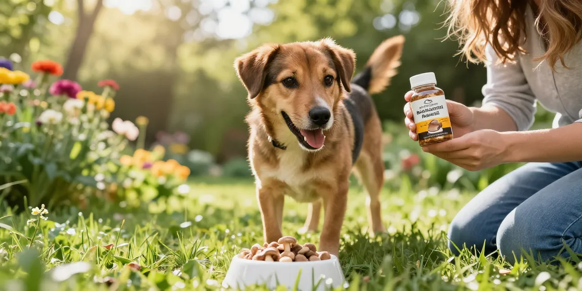 A dog enjoying the benefits of a mushroom supplement for dogs, playing outdoors with a bottle of natural supplements nearby, promoting pet wellness.