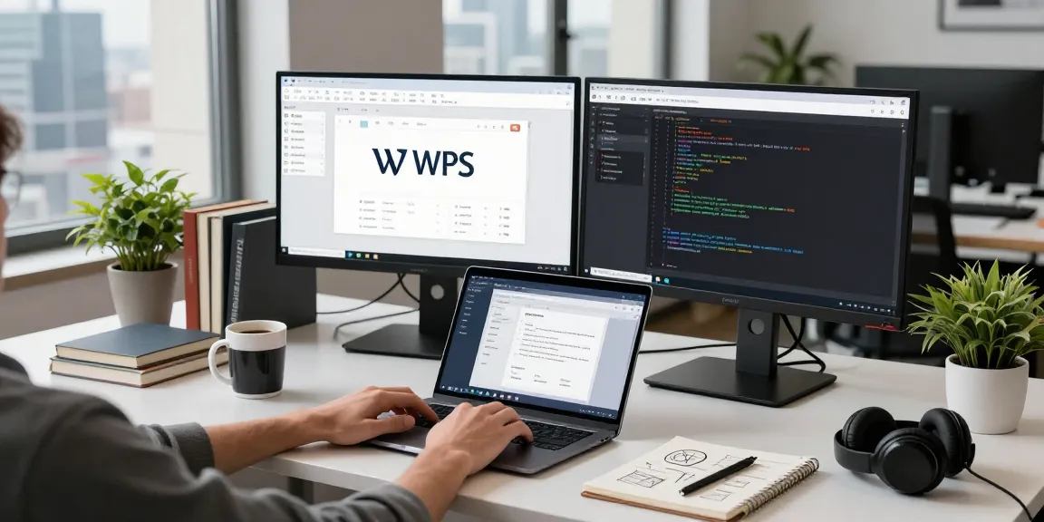 Developer using WPS Official Website for software development in a modern office.